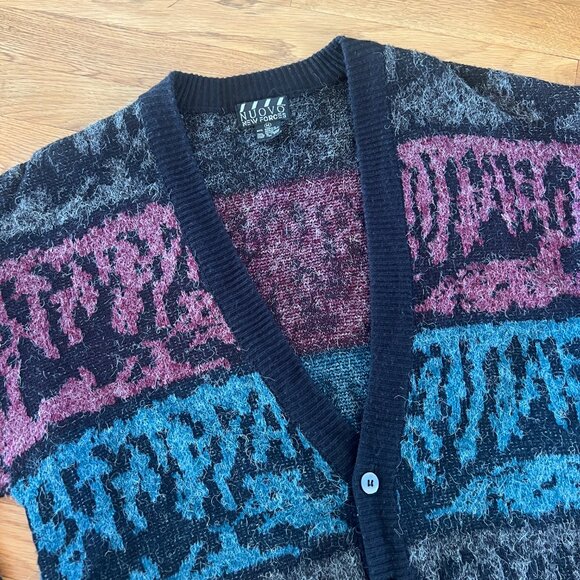 Vintage 90s Grunge "Mohair" Patterned Blue-Purple-Grey Cardigan - Men's XL - Picture 2 of 5